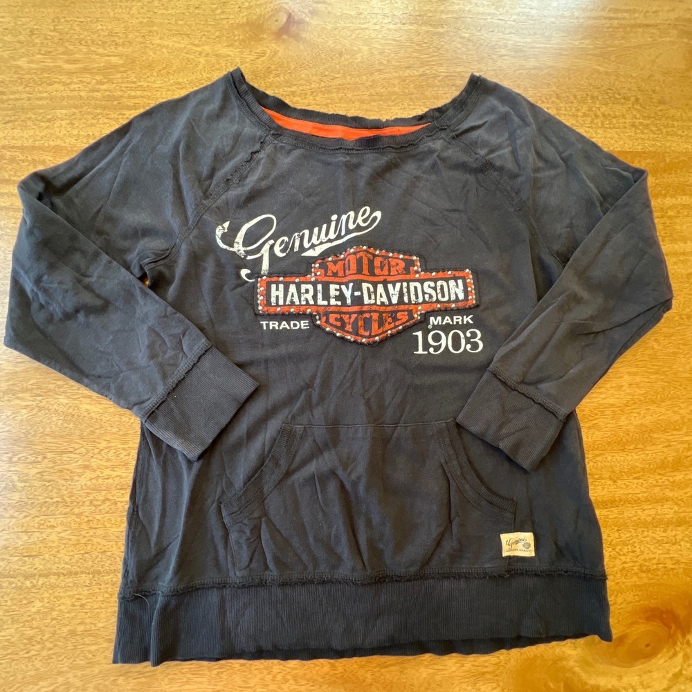 Harley-Davidson Womens Studded Logo Long Sleeve Top Black Cotton Large 1903
